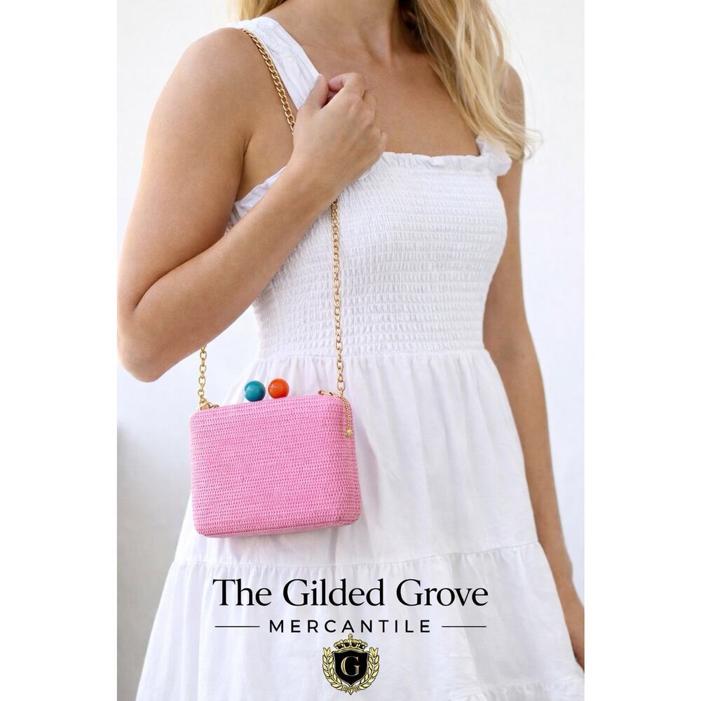 Shiraleah Chicago Pink Woven Clutch Crossbody Bag Gold Chain Ball Clasp NWT